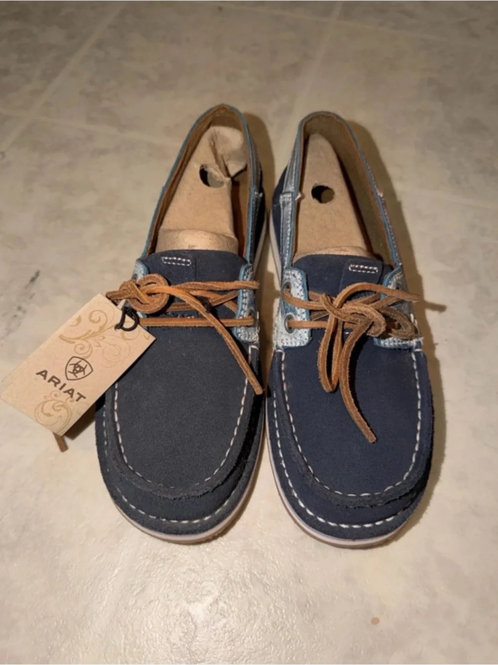 Ariat Women’s Navy and Tan Moccasin Boat Shoes NWT